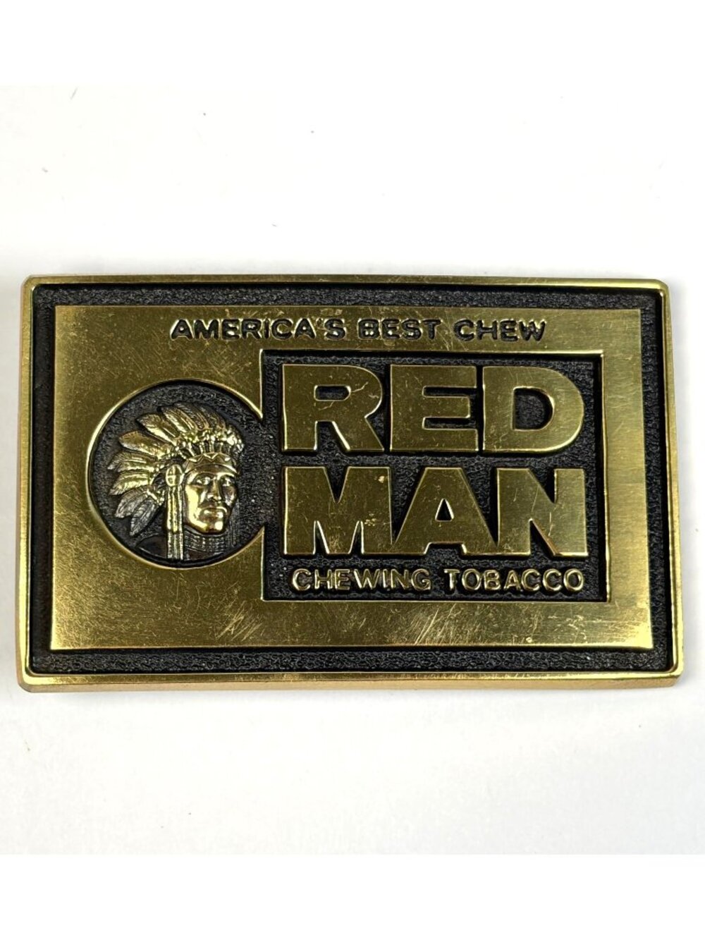 Vintage Red Man Chewing Tobacco Solid Brass Belt Buckle Made USA Old School